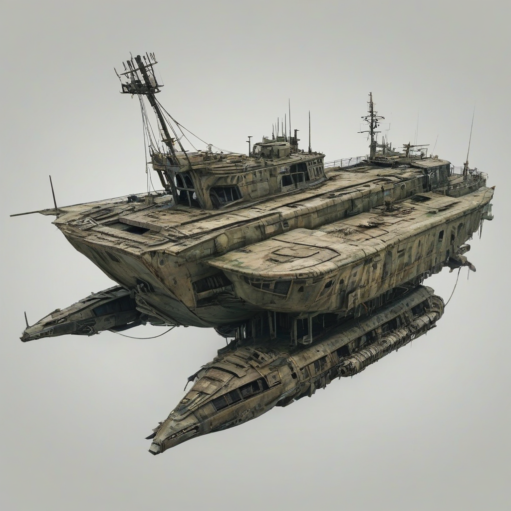Khaki post-apocalyptic ship, full-body view, on a plain white background, digital art style