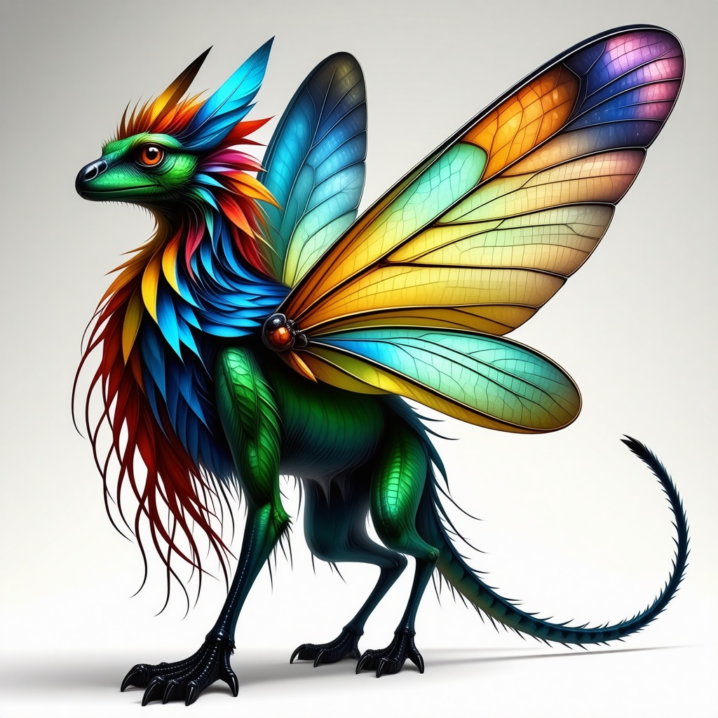 A fantasy creature with long limbs. It has a long and thin tail with a colorful plume of long feathers on the end. The creature has a mane of long feathers that drape down its long neck. The creature has large dragonfly wings attached to its back and the wings have an iridescent sheen. the creature's main body has very short greenish-blue fur. The creature