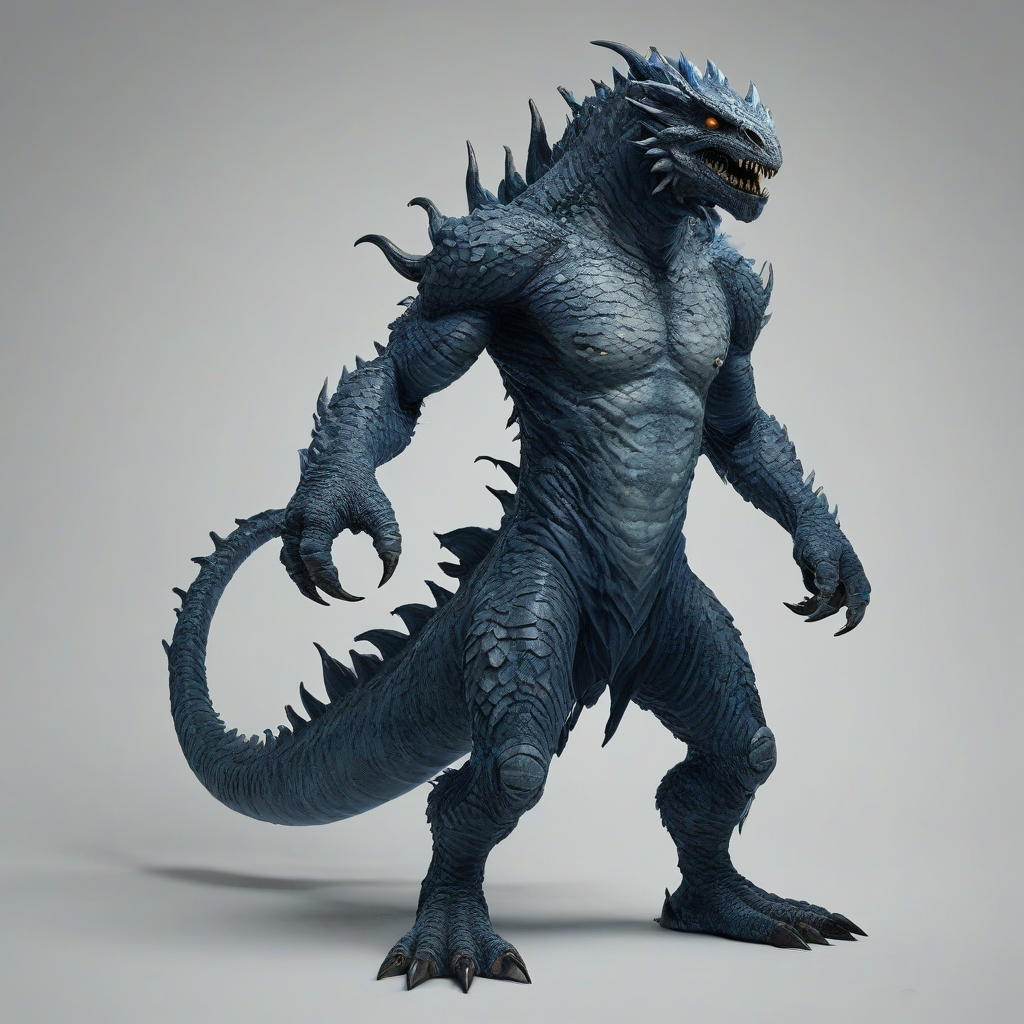 A full-body view of a dark fantasy monster named Slate, with slate grey and dark blue scales, standing on a plain white background, with a wide shot and its feet visible, in a digital art style with dynamic shadows and a hard rim light, with a focus on its menacing presence and sharp teeth, on a plain white background, even lighting