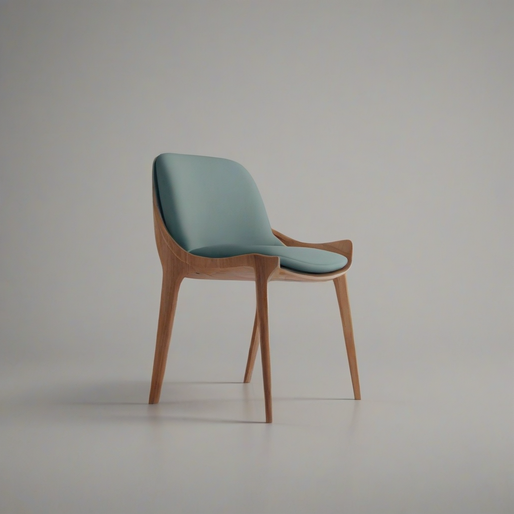 A sleek, modern chair with a wooden frame and cushioned seat, placed in the center of a plain white background, full-body view, wide shot, with feet visible, in a digital art style with vibrant colors and dynamic shadows, sitting on a wooden floor with a subtle sheen, on a plain white background, even lighting