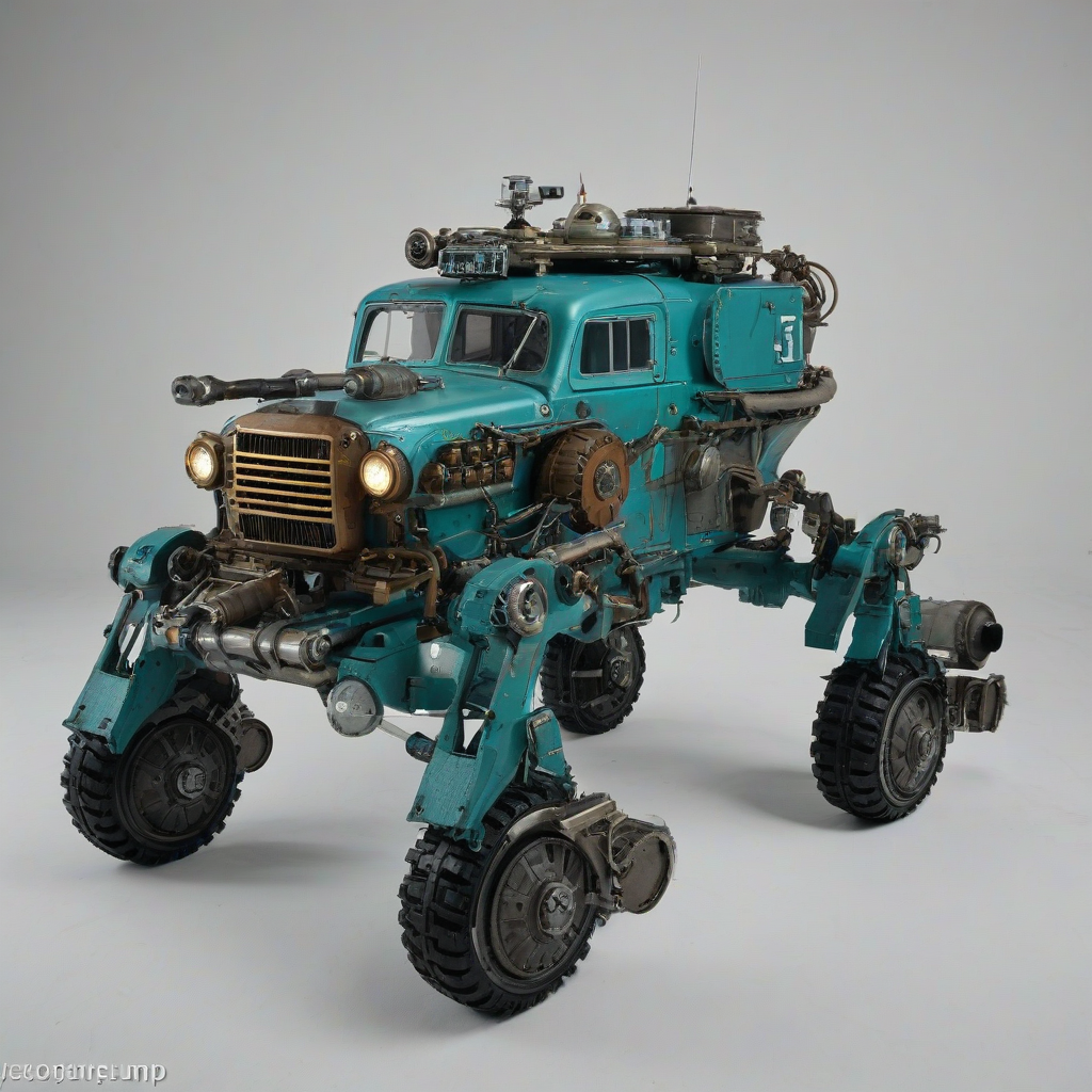 Teal dieselpunk rover, full-body view, on a plain white background