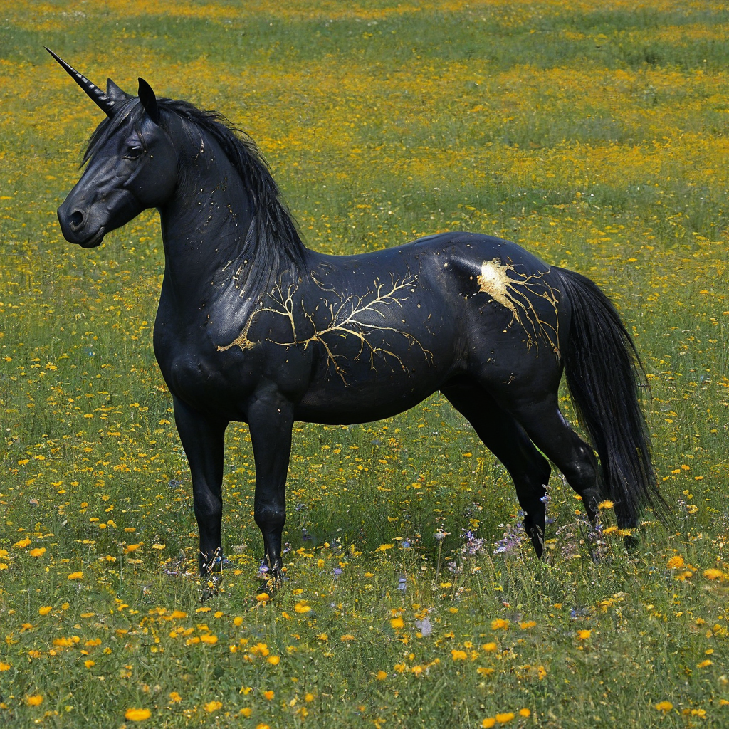 Black unicorn with gold cracks in wildflower field