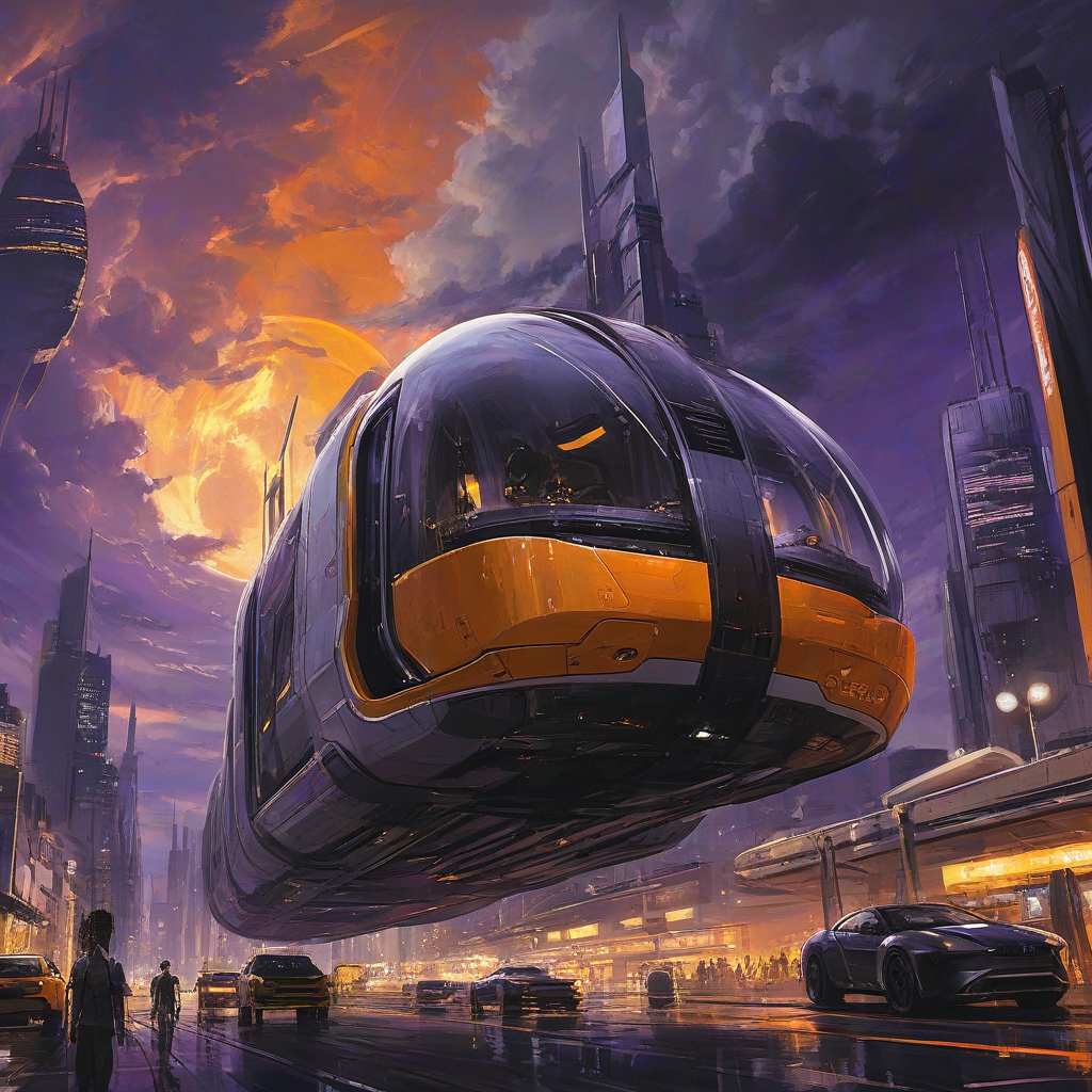 Raymond Swanland, Syd Mead anime style night scene, orange and yellow city lights, floating cargo vehicle with giant curved windows and open lower doors, purple accent, light grey clouds, docking lights