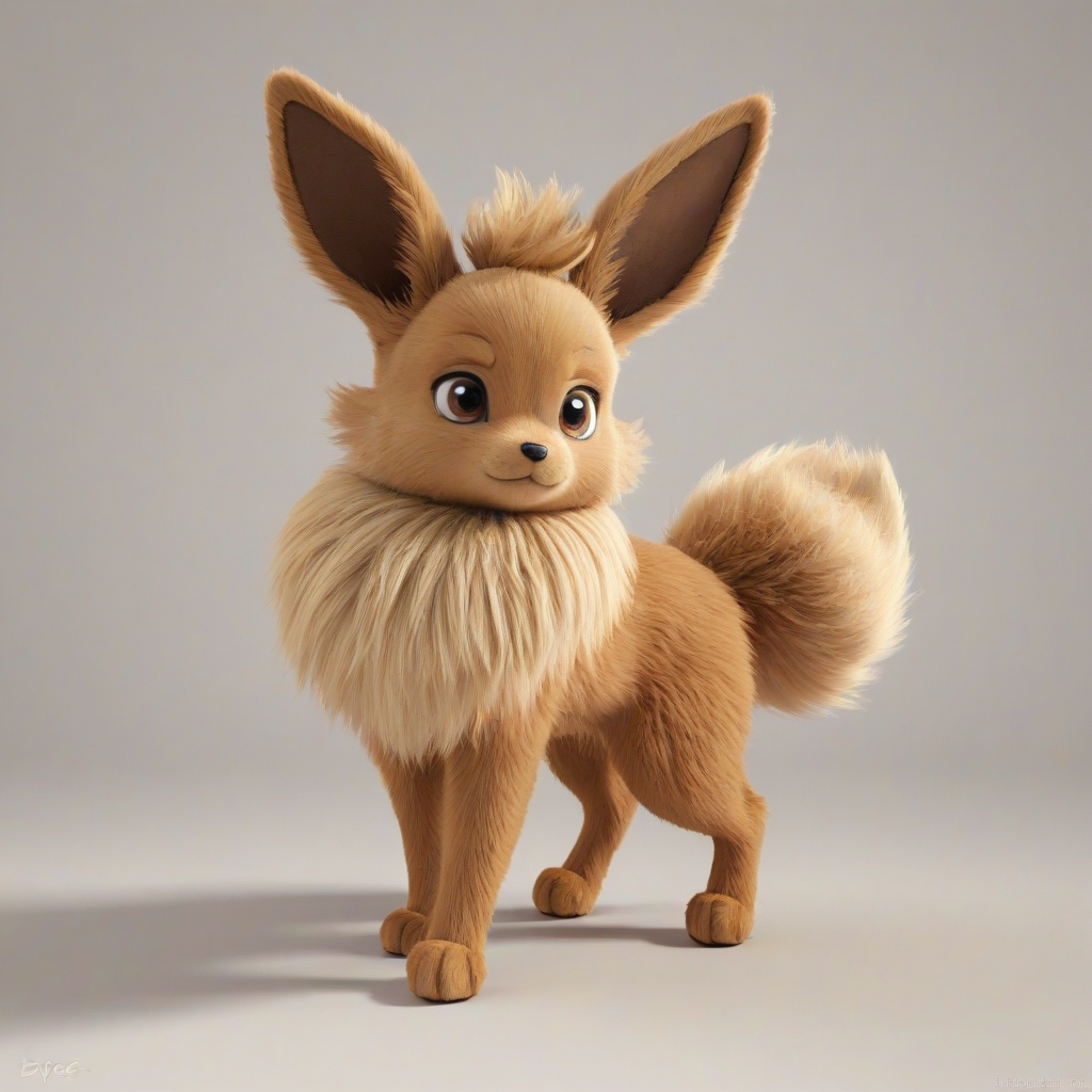 A full-body view of the Pokémon Eevee, with a brown body, a fluffy tail, and a cute face, standing on a plain white background, in a digital art style with soft lighting and vibrant colors, with a wide-angle shot and dynamic shadows