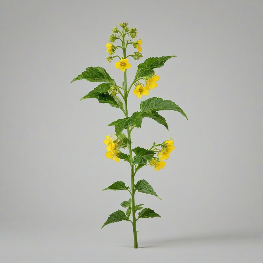 full-body view of a mustard plant on a plain white background, with green leaves and yellow flowers, in a realistic style, wide shot, on a plain white background, even lighting 