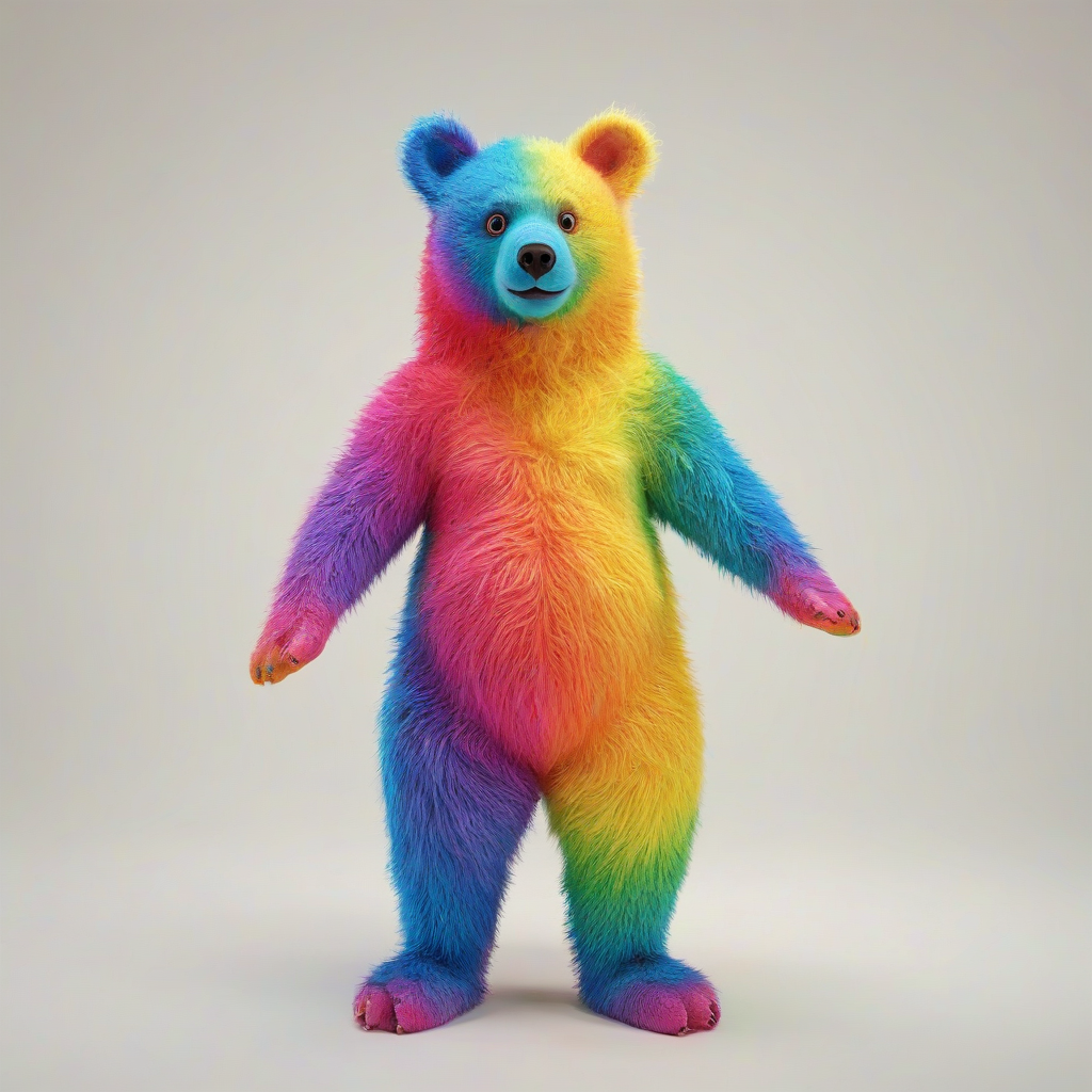 A full-body view of a rainbow bear, with a fluffy and soft texture, standing on a plain white background, with a bright and colorful rainbow aura surrounding its body, in a digital art style with bold lines and vibrant colors, with a wide-angle shot and a bird's eye view perspective, and dynamic shadows to give it a sense of depth and dimension