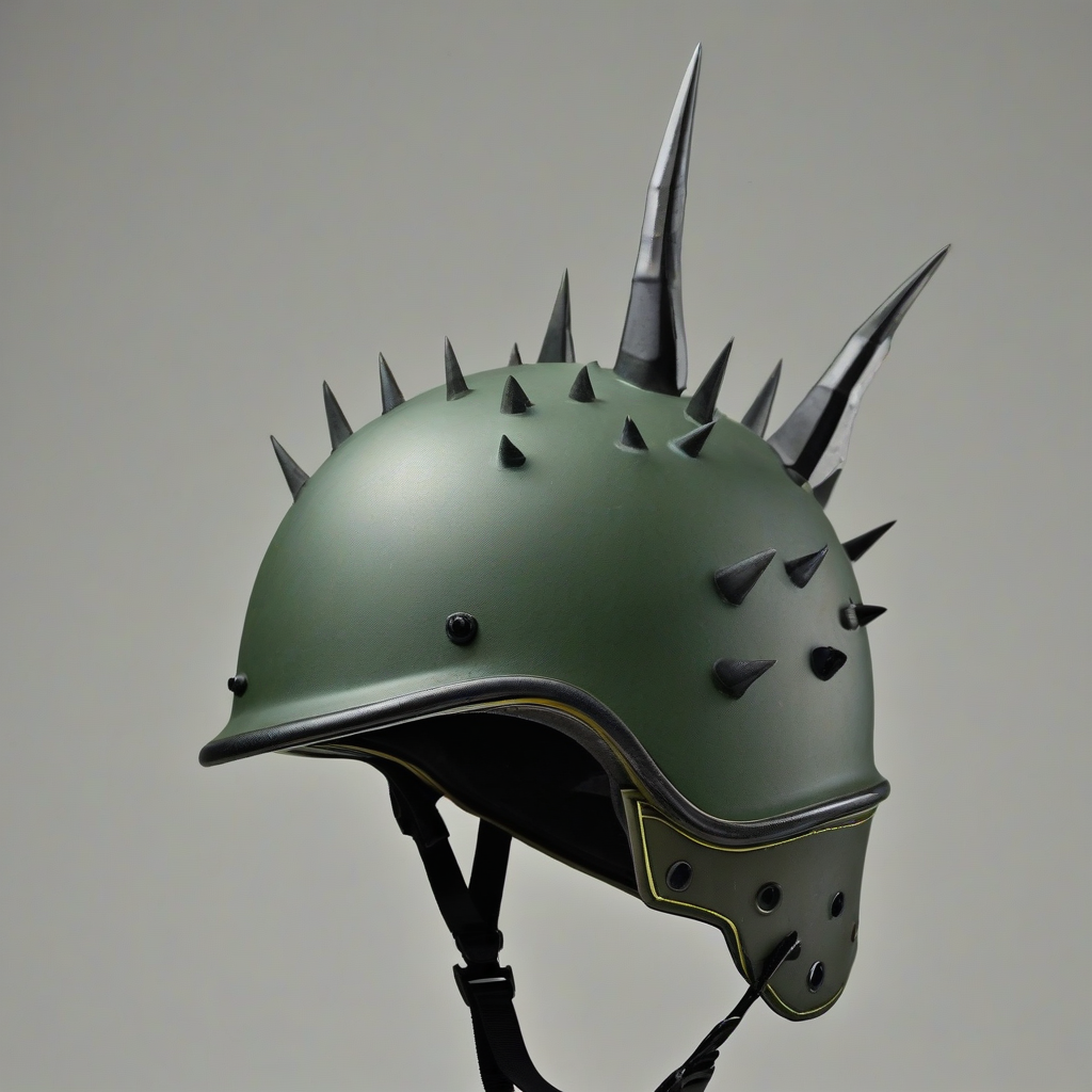 matte army green colored half-shelled helmet, black spikes on top of the helmet, on a plain white background, even lighting