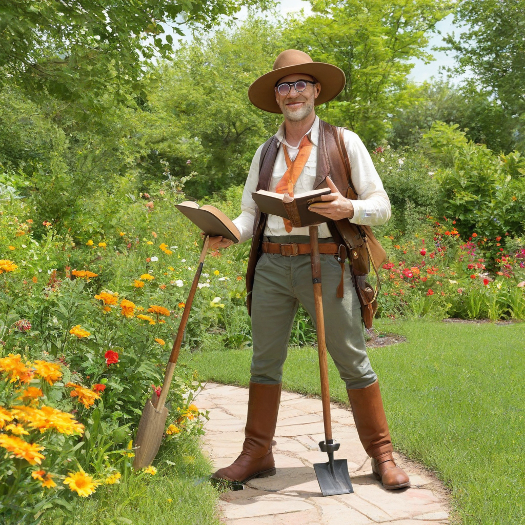 A solarpunk man, full-body view, standing in a lush green environment with vibrant flowers and trees, wearing a pair of round, wire-framed glasses and a wide-brimmed hat, with a large, leather-bound book in one hand and a gardening tool in the other, set against a plain white background, in the style of a digital painting with warm, earthy tones and soft lighting