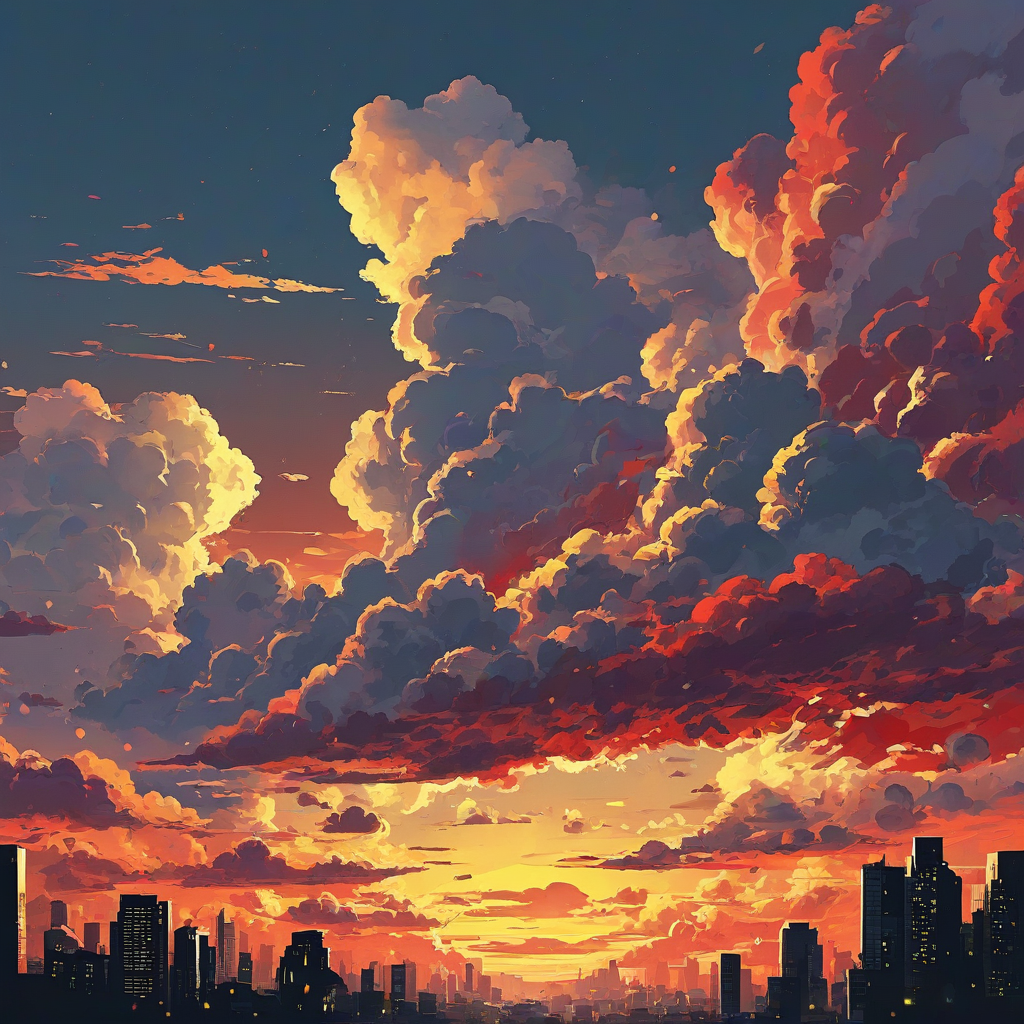 digital anime art style silhouette of a city with fluffy clouds, red and yellow