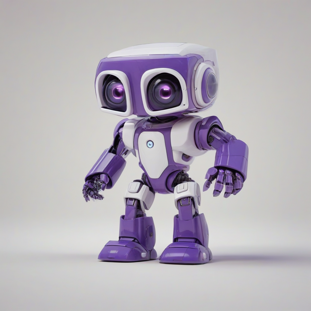 A cute, purple and white video game robot with a stumpy body, big eyes, and a cubic face, standing in a full-body view with its feet visible, on a plain white background, in a comic book art style with bold lines and bright colors, with a wide-angle shot and bright lighting, on a plain white background, even lighting 