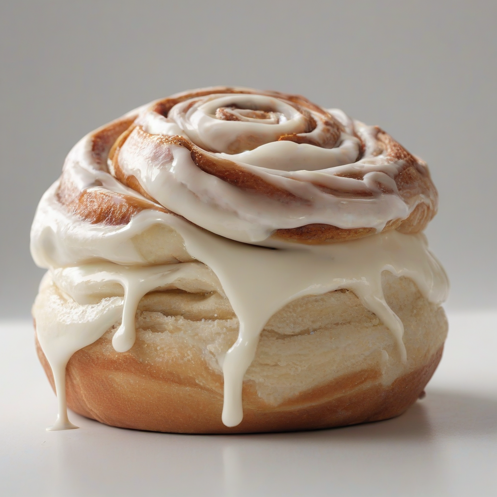 A single big fluffy cinnamon roll with a lot of cream cheese frosting on top, wide shot, full-body view, on a plain white background, with soft natural light, and a shallow depth of field to blur the background, digital illustration style, on a plain white background, even lighting 