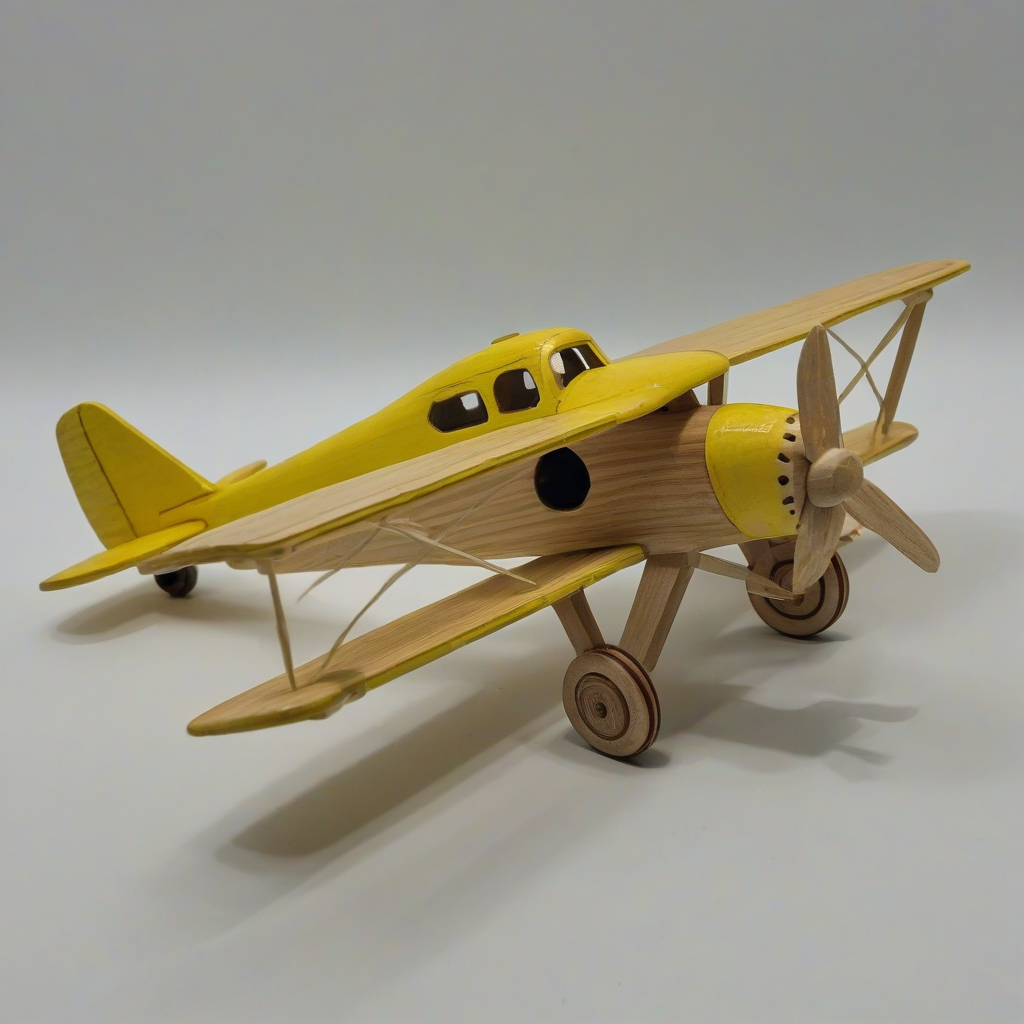 yellow toy airplane, made out of wood, wide angle shot, bright lighting, on a plain white background, even lighting
