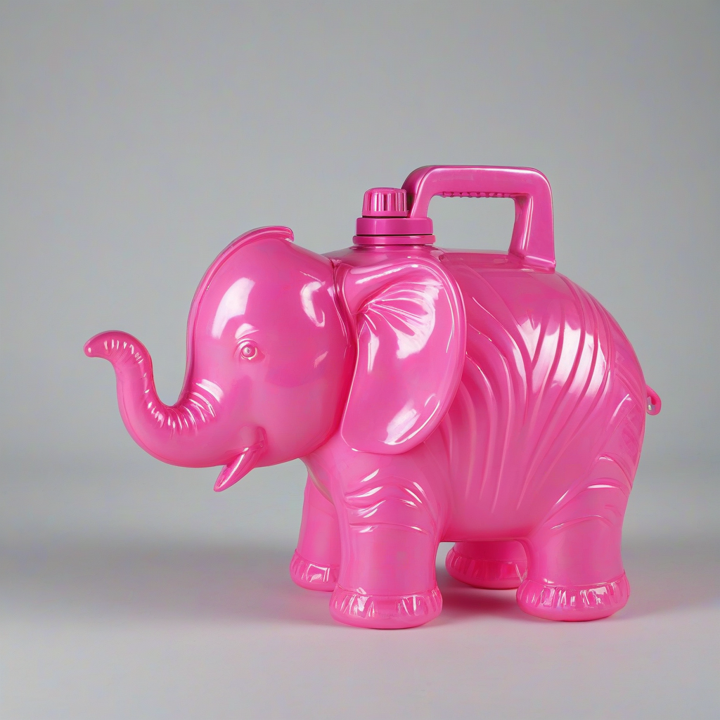 plastic pink elephant shaped water can on a plain white background, even lighting