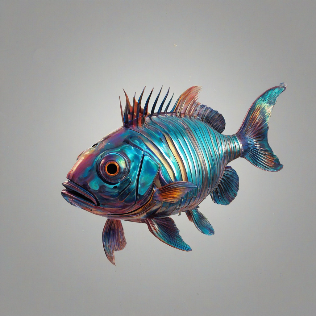 A colorful fish out of water, wearing a shiny metallic breathing apparatus on its head, with a wide-angle view of the entire fish, including its fins and tail, on a plain white background, in a digital art style with bold lines and vibrant colors, with a soft focus effect to emphasize the fish's unusual situation, on a plain white background, even lighting, on a plain white background, even lighting 