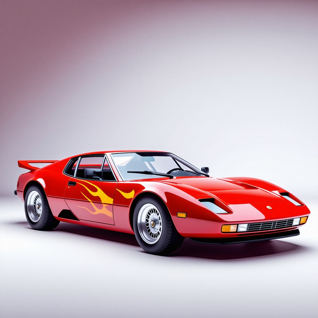 A full-body view of a sleek, ruby red, vintage sports car with a vaporwave aesthetic, set against a plain white background, with orange flames painted on the side of its glossy surface, and a wide-angle shot to capture its curves and lines, in a digital art style with vibrant, pastel colors and subtle gradients, with a racing stripe running along its side and a spoiler at the back
