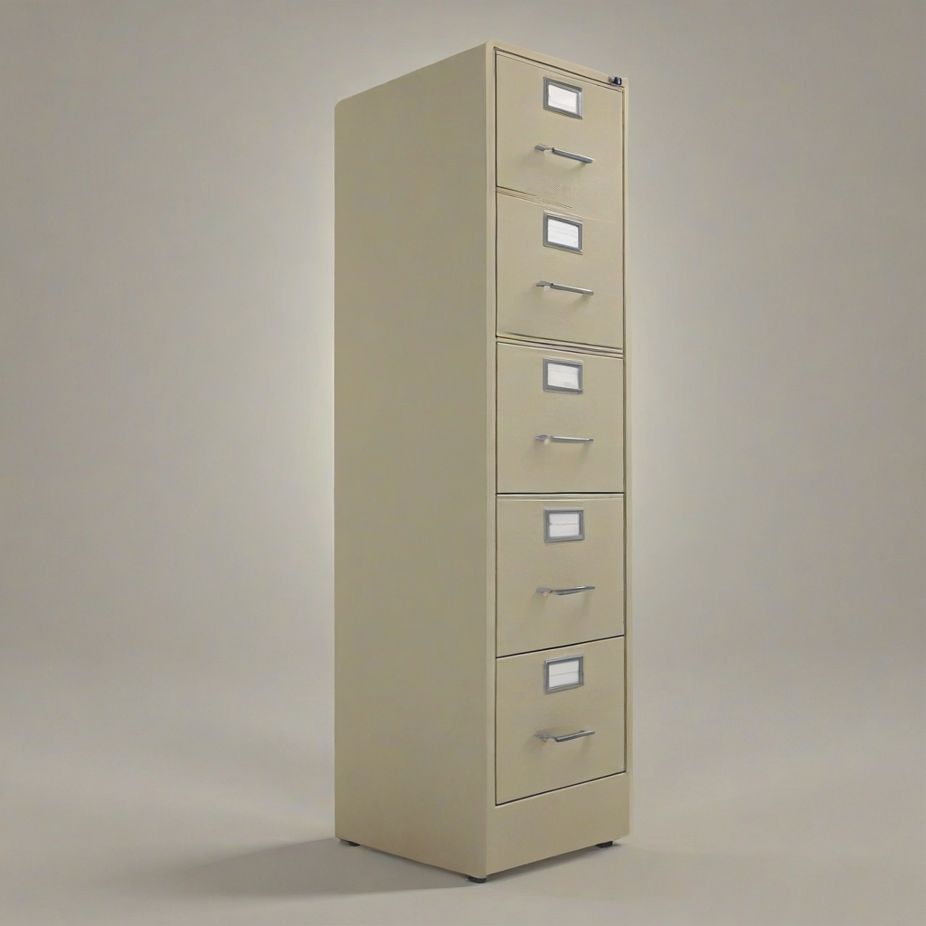 3d cartoon animation of a tall , beige file cabinet, on a plain white background, even lighting