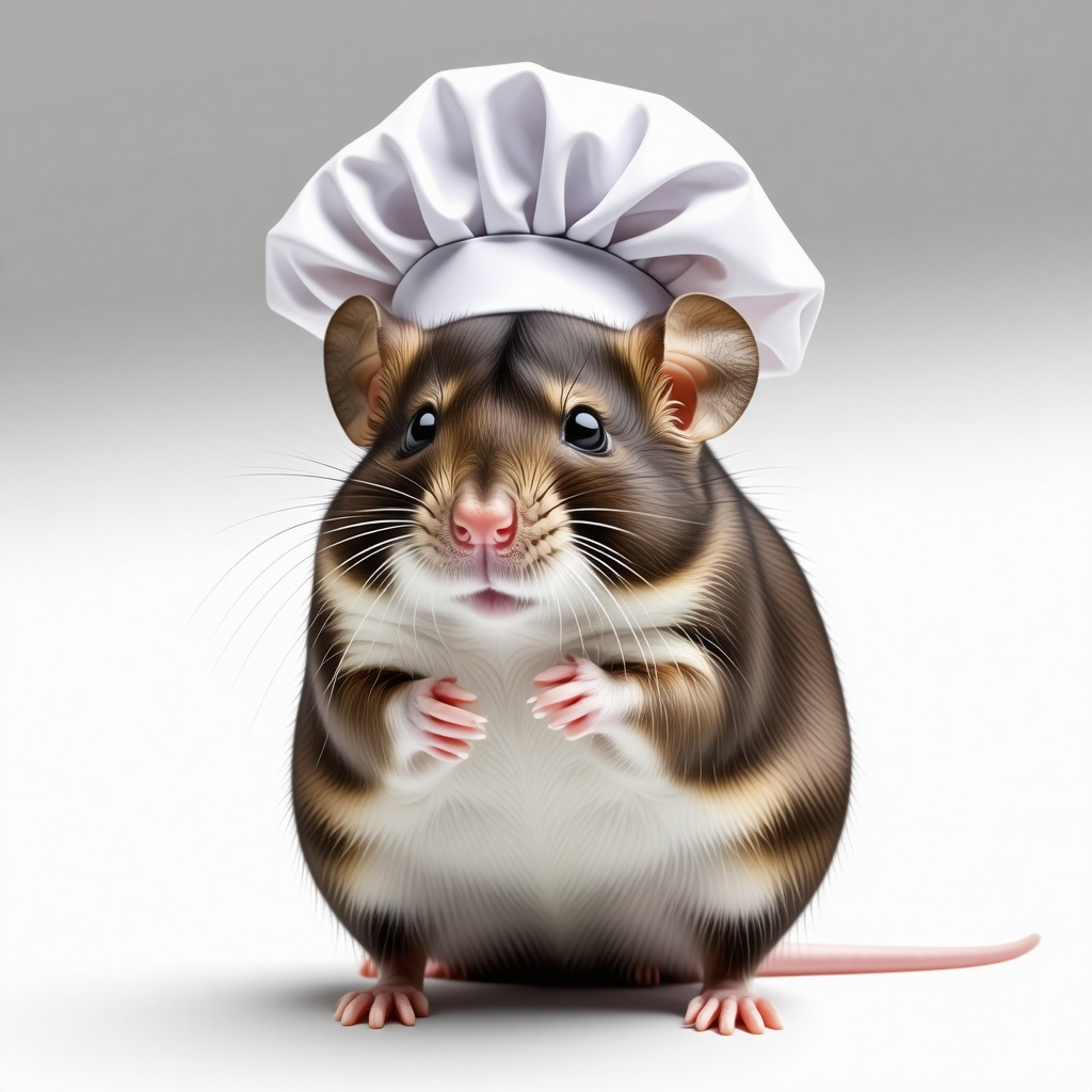 A chubby rat with a chefs hat