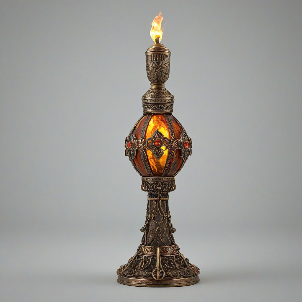 A highly detailed, magical glowing torch with intricate bronze details and a Byzantine colored glowing jewel at its center, set against a plain white background, in a wide shot with the lantern's base visible, illuminated by soft, warm lighting with dynamic shadows, in the style of a fantasy illustration with subtle texture and depth, full-body view of the torch, on a plain white background, on a plain white background, even lighting