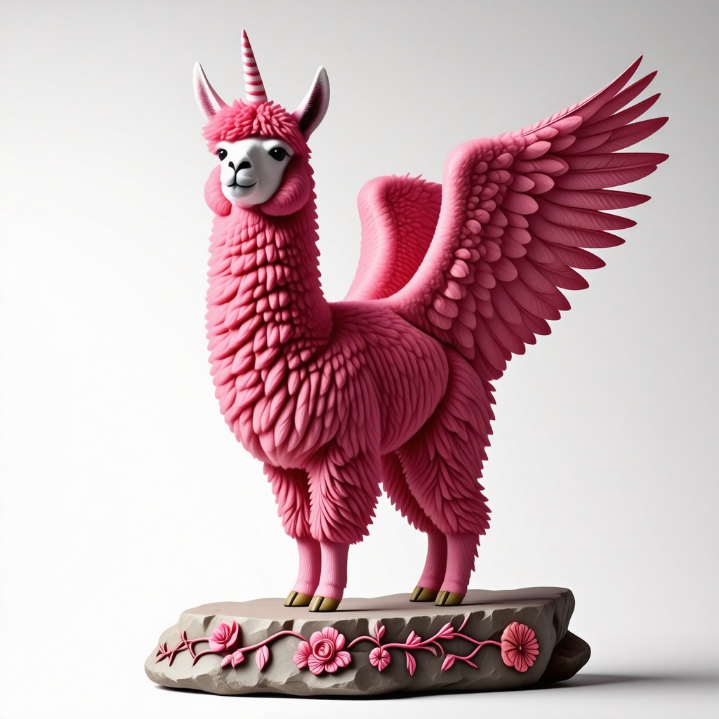 A llama with fluffy and curly fuscia fur, large pink angel wings, wide eyes, and a white unicorn horn standing on a stone platform engraved with images of flowers and vines