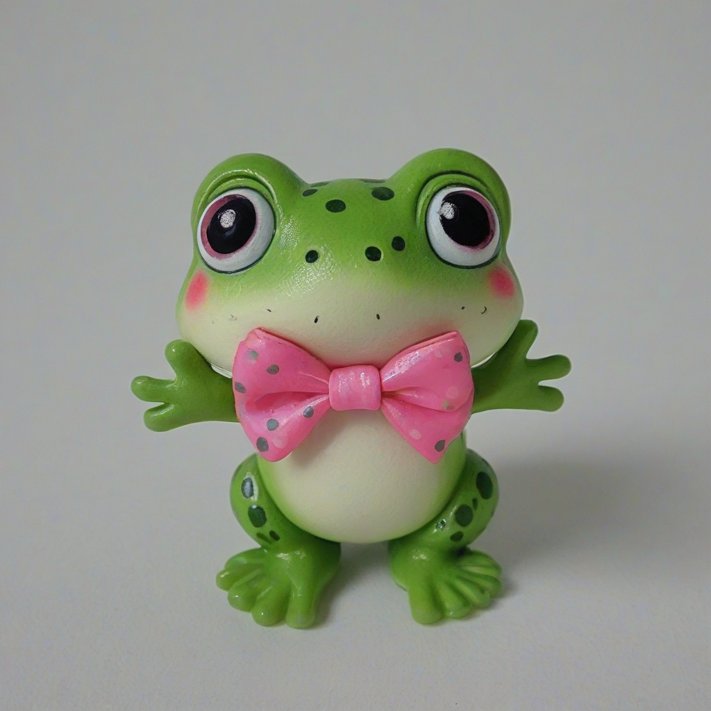 chibi style frog with a pink bow, on a plain white background, even lighting