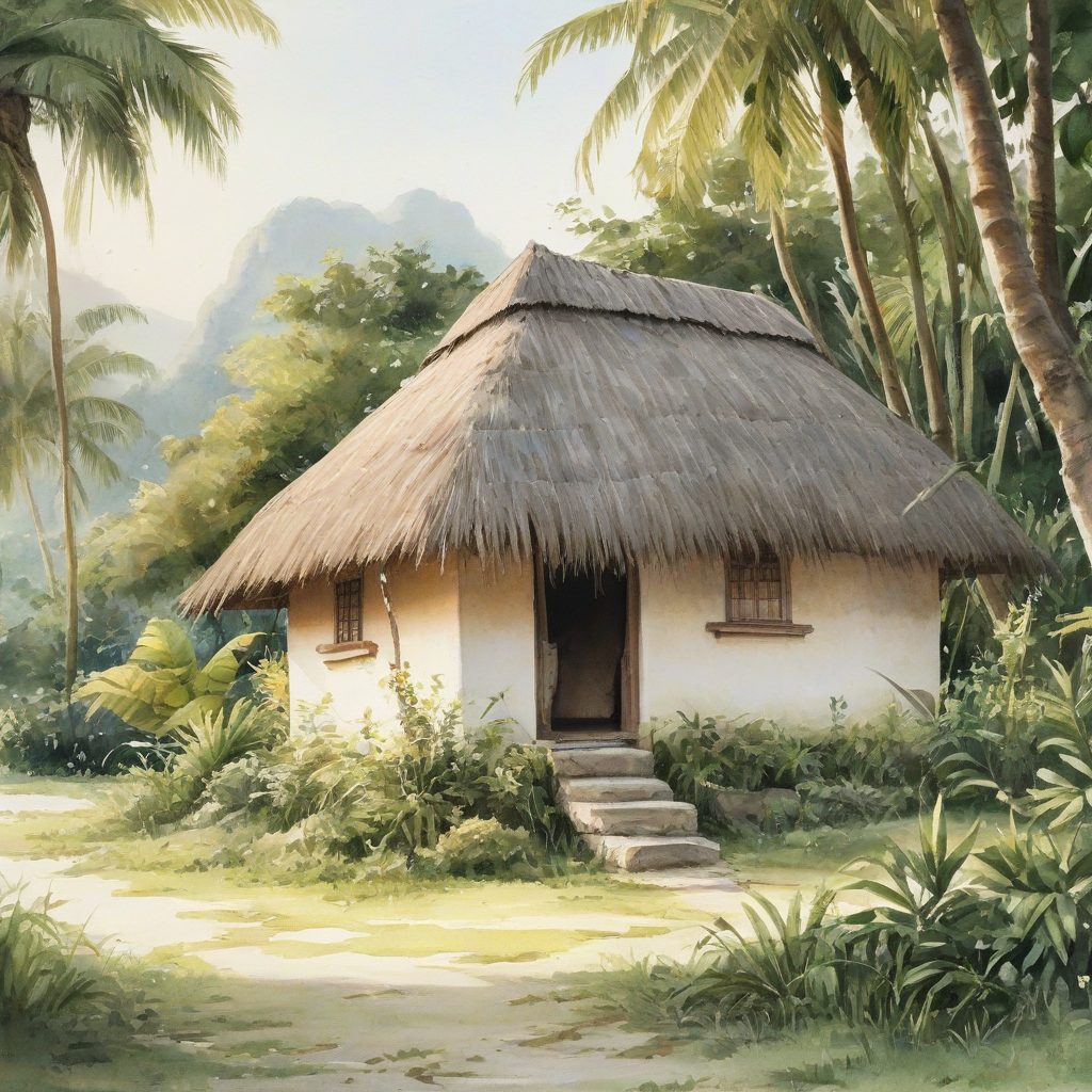 a small, traditional hut with thatch roofing, surrounded by lush greenery, in a wide shot with the entire hut visible, on a plain white background, with a warm, sunny lighting and a sense of serenity, in the style of a watercolor painting, on a plain white background, even lighting 