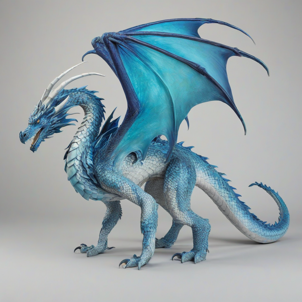 A majestic, full-body view of a fantasy dragon, with scales shimmering in various shades of Azure, set against a plain white background, in a wide shot, with a soft, ethereal lighting and a hint of dynamic shadows, reminiscent of a digital illustration style, with intricate details and textures, and a sense of wonder and magic in the air, on a plain white background, even lighting