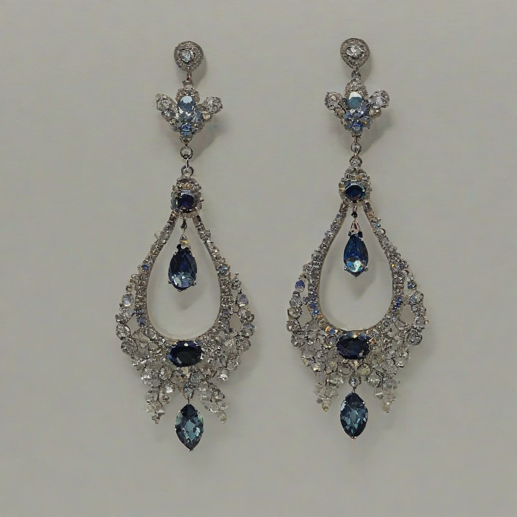 beautiful, jeweled, dangling earrings, on a plain white background, even lighting