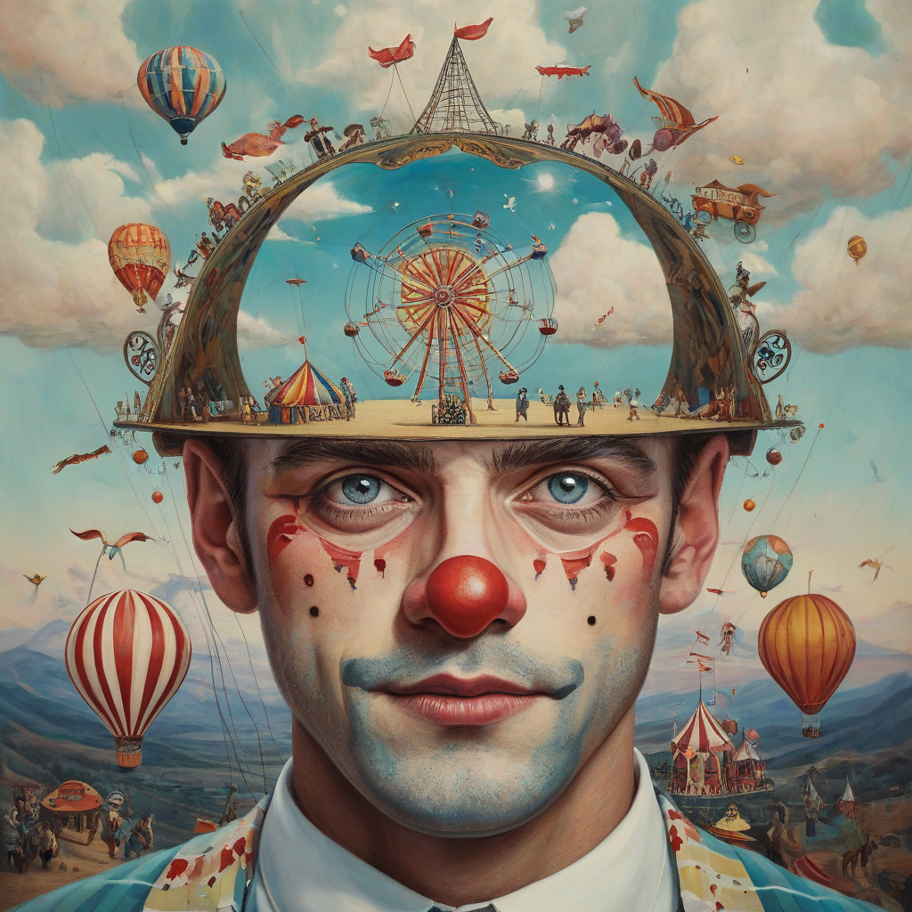 A man with a vibrant, dreamlike circus scene inside his face, complete with a miniature Ferris wheel, a clown, and a hot air balloon, all in a surrealist style.