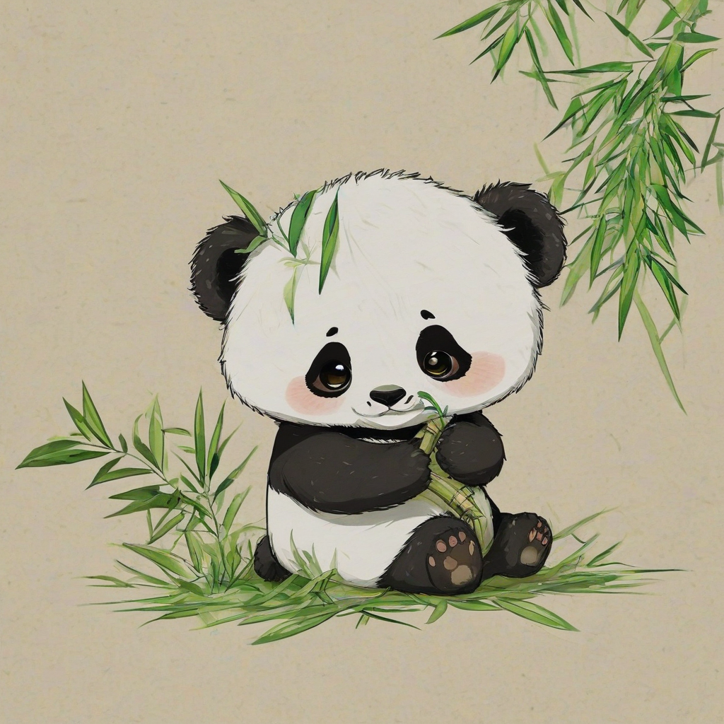 Chibi anime of a giant panda sitting down, while eating bamboo