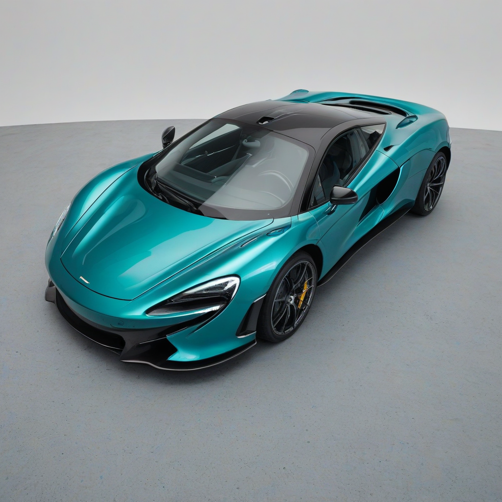 A McLaren sports car with a teal finish, parked on a plain white background with even lighting