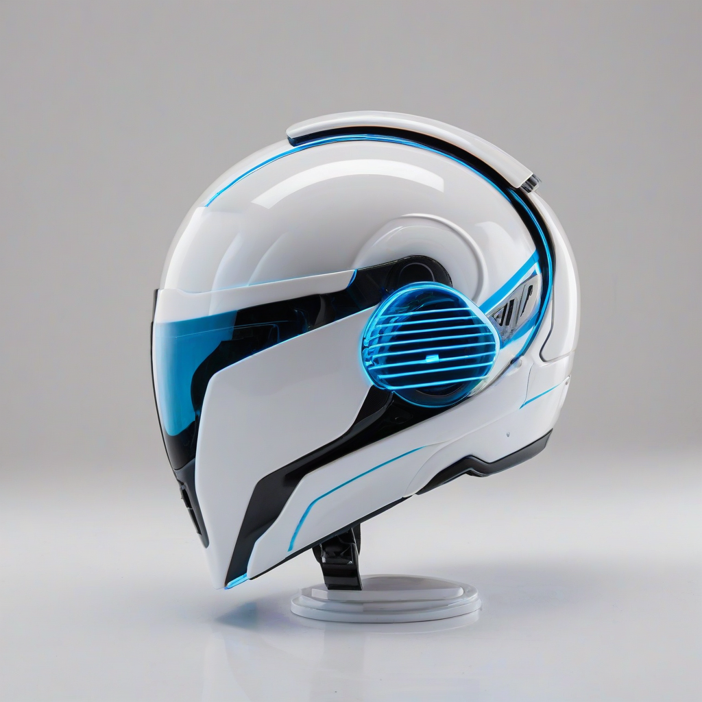 A futuristic, high-tech helmet with a sleek, metallic design, illuminated by vibrant, neon blue lines and accents, set against a plain white background, in the style of Synthwave art, with bold, dynamic lighting and a sense of nostalgia for 80s retrofuturism, full-body view, wide shot, with the helmet's visor reflecting a bright, Azure blue color, on a plain white background, even lighting 