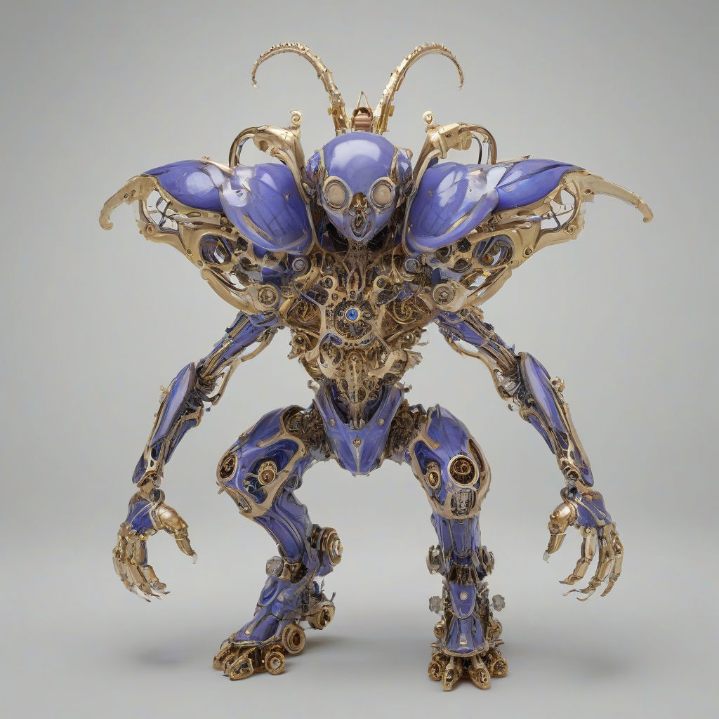 A biomechanical creature, Periwinkle, with a full-body view, on a plain white background, in a Renaissance art style, with intricate mechanical details and a blend of organic and synthetic elements, featuring a predominantly periwinkle-colored body with golden accents, and a wide-angle shot to showcase its complex structure, on a plain white background, even lighting 