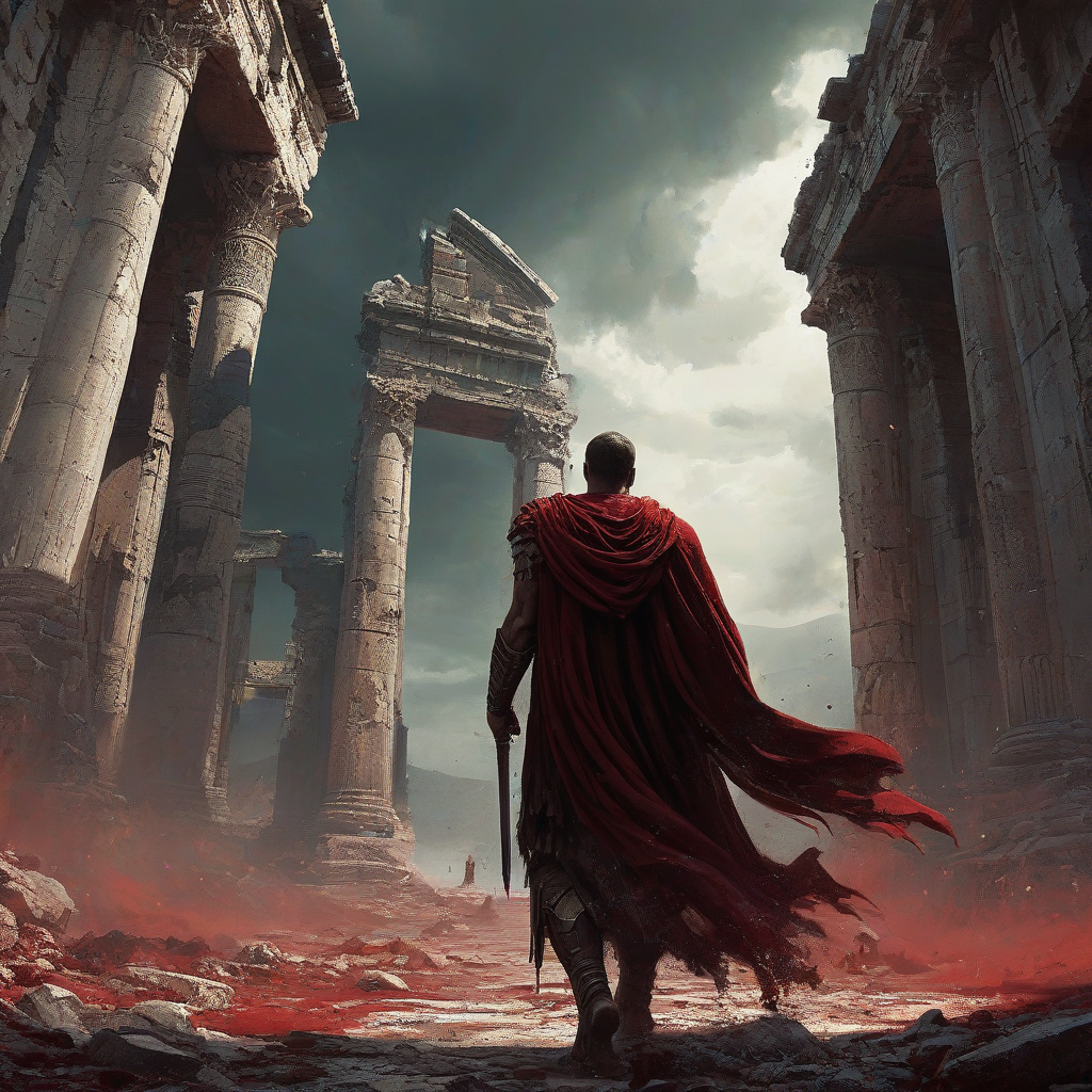 Digital art of a Spartan warrior wearing dramatically billowing robes, the warrior is walking towards the camera, his head is bowed down, billowing dust and ancient ruins, deep red accent color, Michael Whelan and Jeremy Mann influenced art styles, intense mood