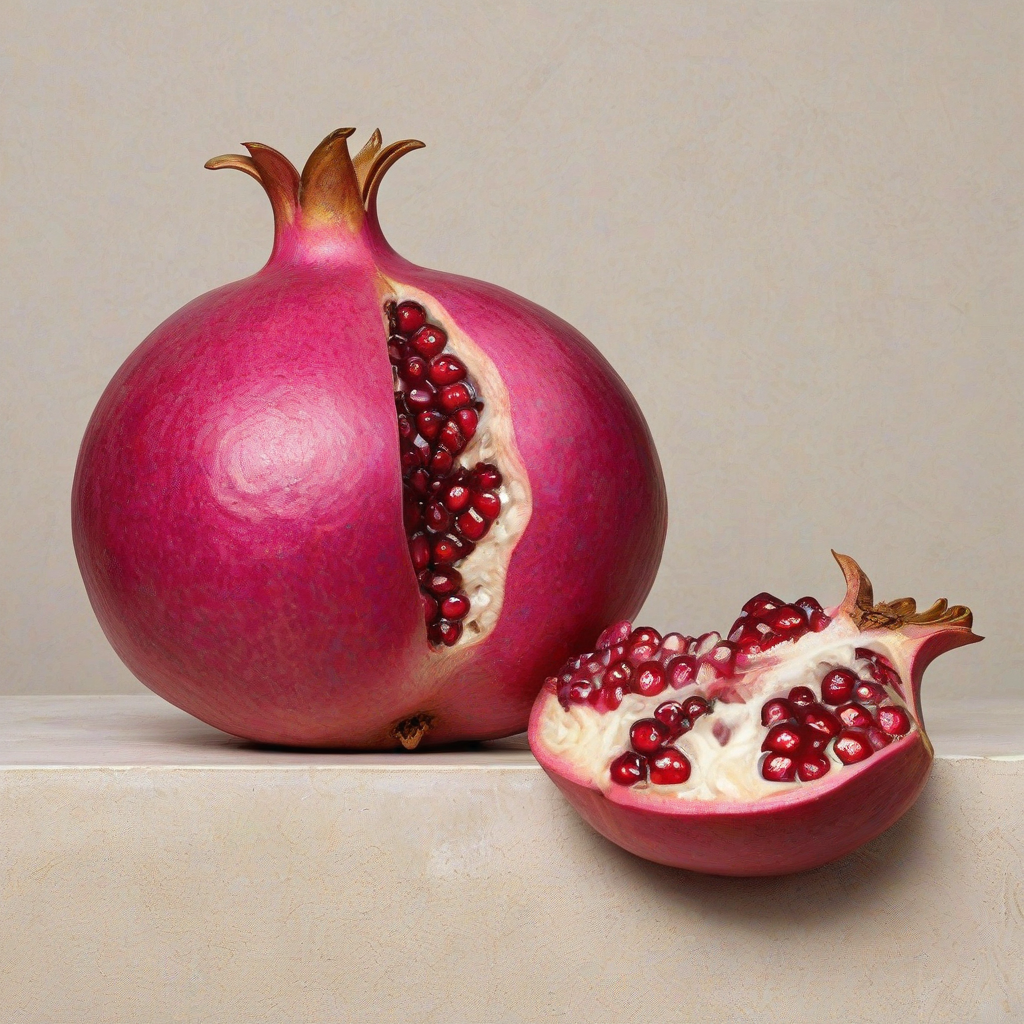 A vibrant, magenta-colored pomegranate, with intricate details and realistic texture, in a full-body view, set against a plain white background, in the style of Renaissance still life paintings, with soft, golden lighting and subtle shadows