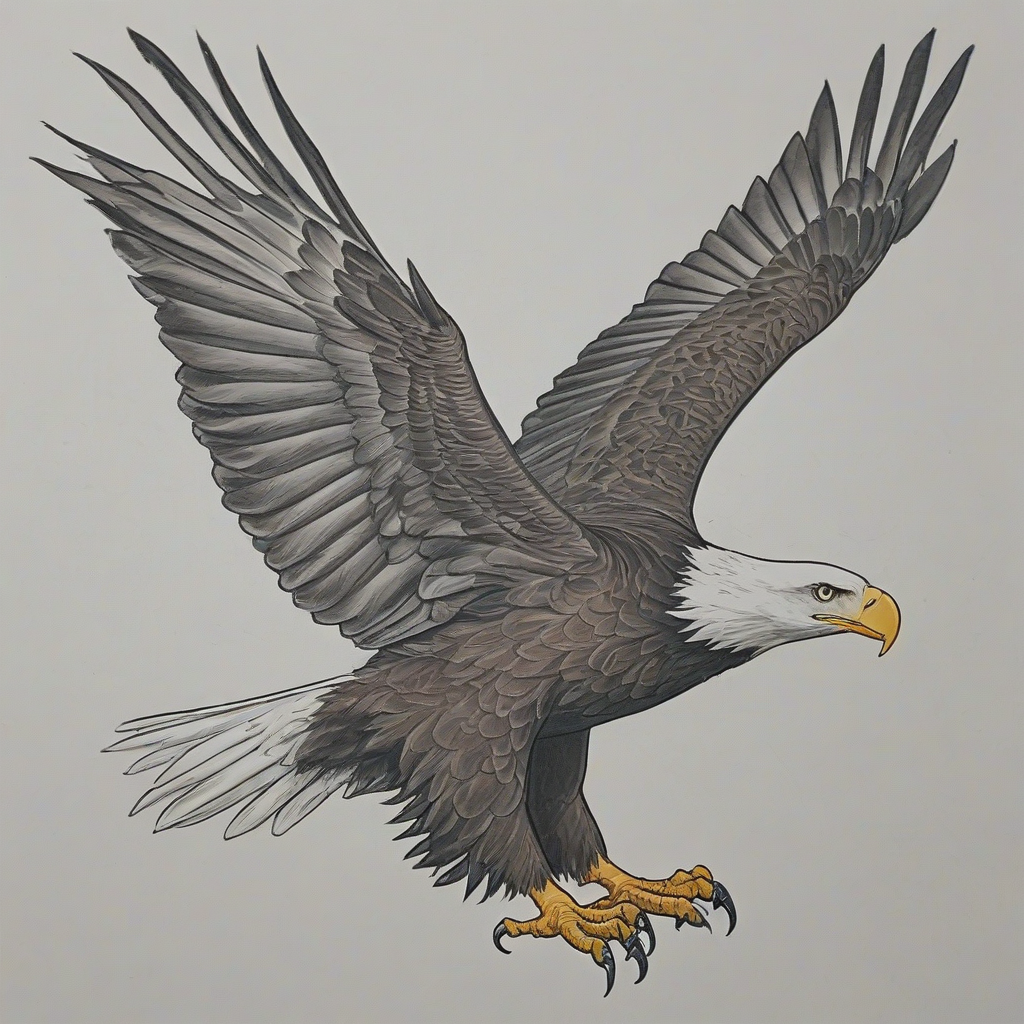 A cartoon anime-style drawing of a bald eagle in mid-flight, on a plain white background, with even lighting, with the eagle's feet visible, and the feathers fluffed out to show its talons.
