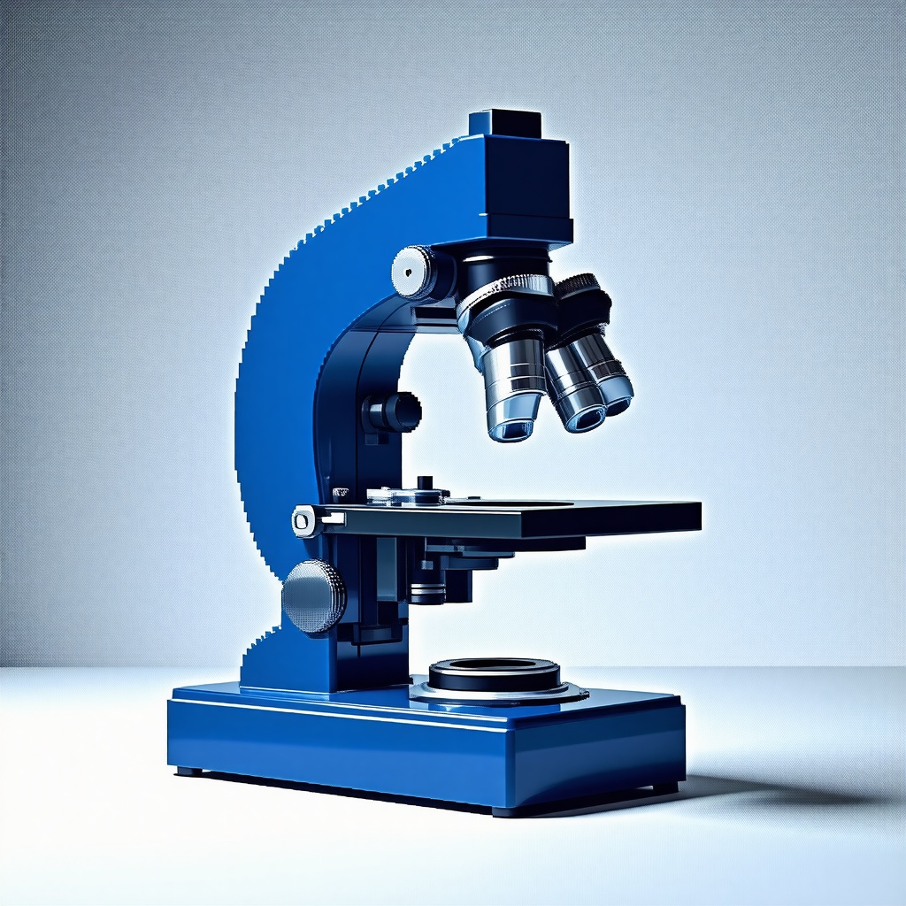 A detailed, full-body view of a vintage scientific microscope, rendered in Steel Blue pixel art style, with a plain white background, and a wide shot to showcase the entire equipment, including the base, stage, and eyepieces, in a digital art style with visible pixels and a low-resolution aesthetic