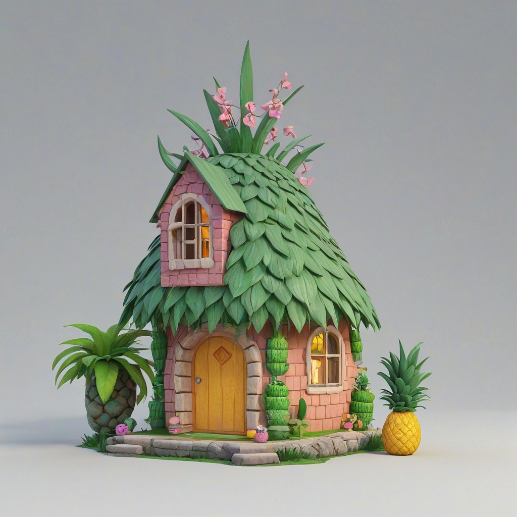 3d animation cartoon style fairy pineapple house, on a plain white background, even lighting