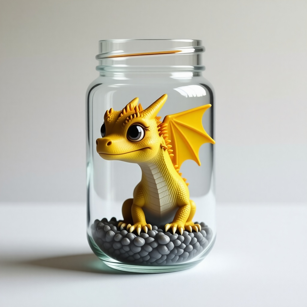 A cute tiny yellow wyvern stuck inside a clear jar.