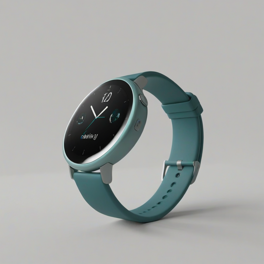 A sleek, teal-colored smartwatch with a minimalist design, featuring a simple circular face and a thin strap, on a plain white background, full-body view, with the device's screen displaying a basic time-telling interface, in a wide shot, with the gadget's textures and materials rendered in a realistic and detailed manner, in the style of modern product photography, on a plain white background, even lighting 