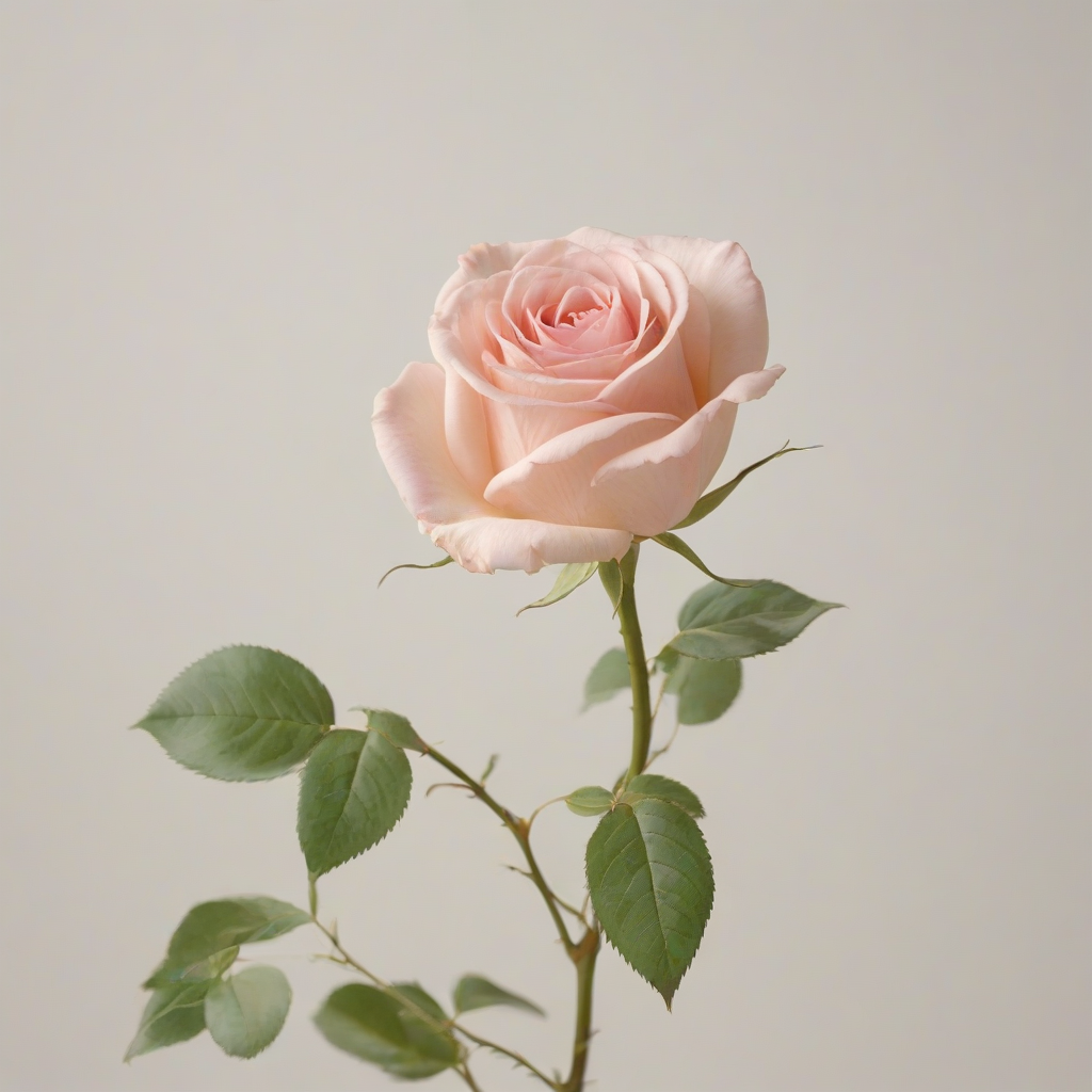 A delicate, full-body view, watercolor-style pink rose with soft petals and a subtle green stem, placed on a plain white background, with gentle, warm lighting and a slight blur effect to emphasize the rose's texture and color, in a wide shot, with the rose's roots and leaves visible