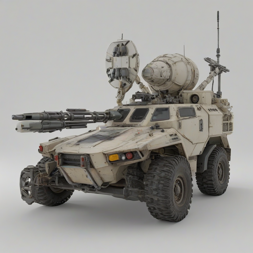 Engineer MAV (Modular Assault Vehicle) with rocket pods and a radar dish, on a plain white background, even lighting 