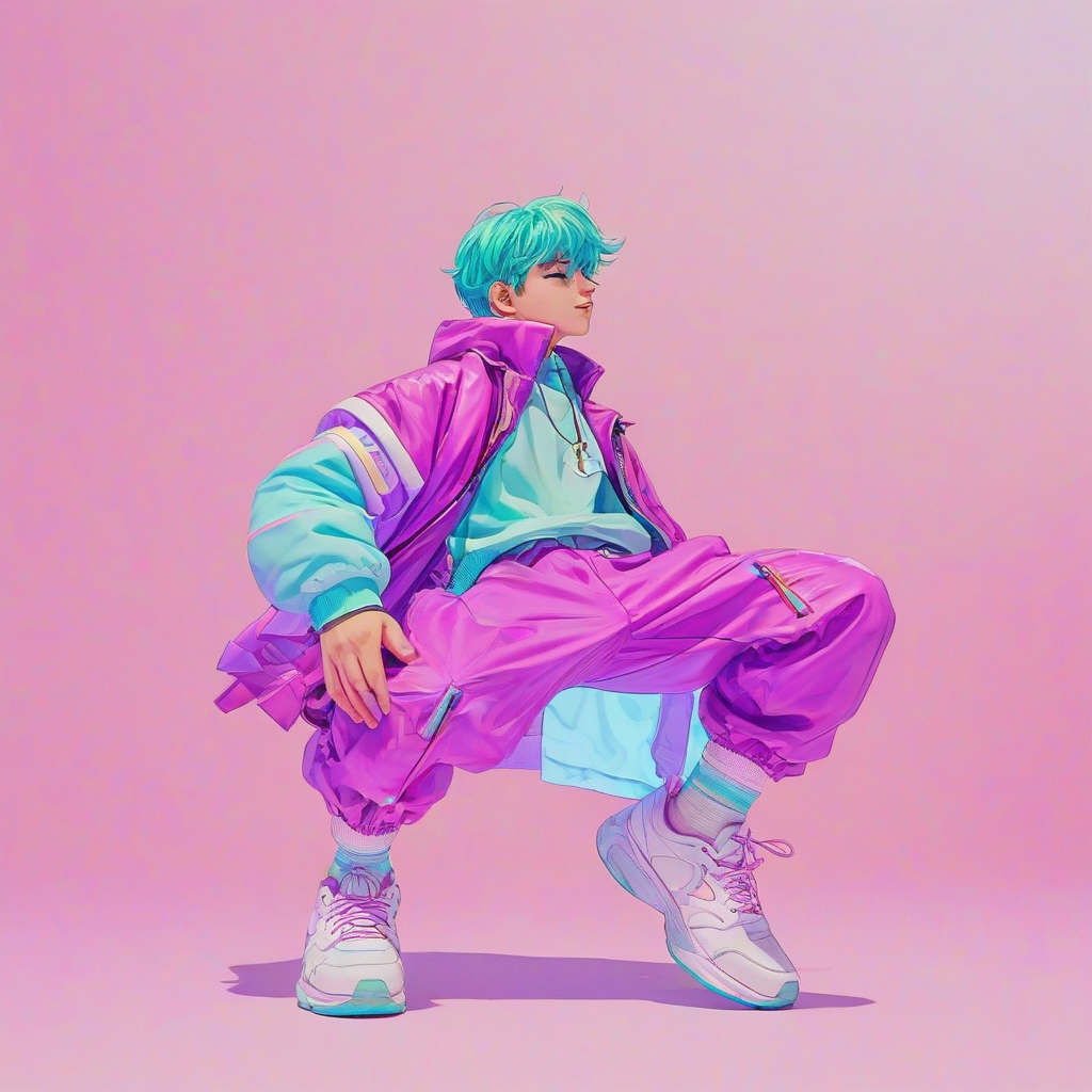 A chibi anime man, Plum, with a vibrant, pastel-colored vaporwave aesthetic, wearing a sleek, high-tech outfit, set against a plain white background, with a soft, dreamy lighting effect and dynamic shadows, in a wide-angle shot with his feet visible, in the style of a digital illustration with bold lines and bright colors, on a plain white background.