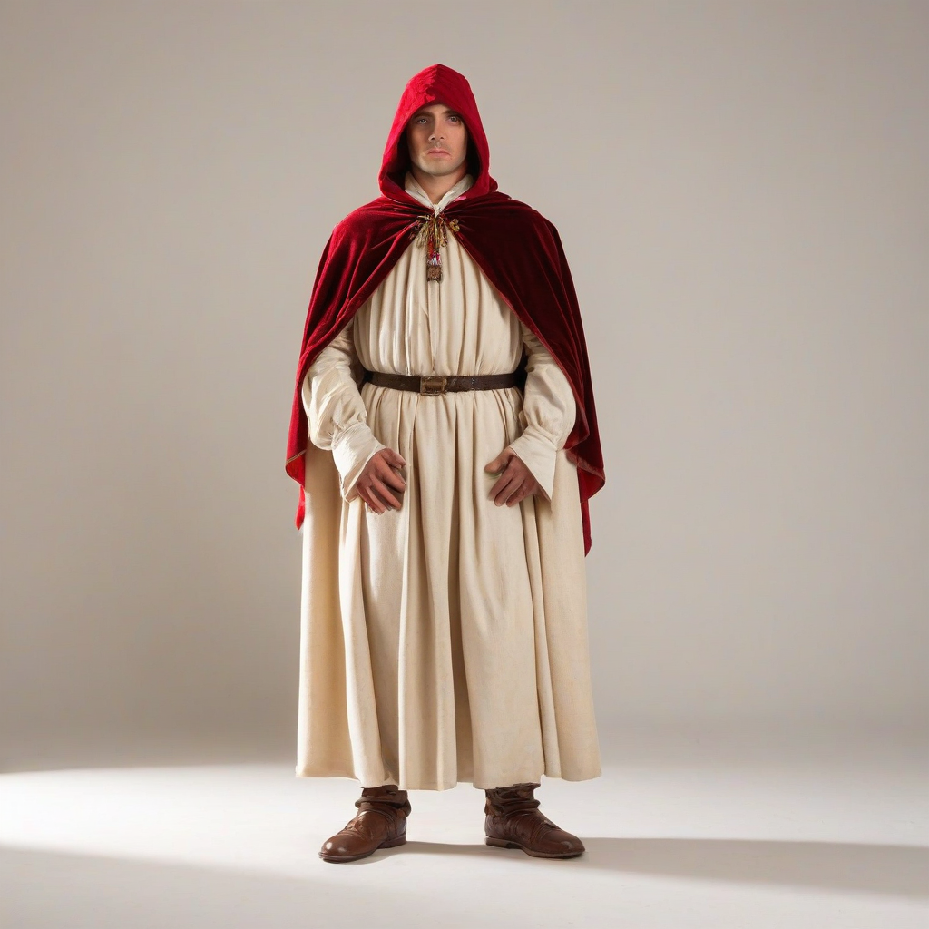 A person, dressed in Renaissance attire, with a red hat and cloak, standing in a full-body view, with a plain white background, in the style of a Renaissance painting, with warm lighting and dynamic shadows, and a wide-angle shot, on a plain white background, even lighting 