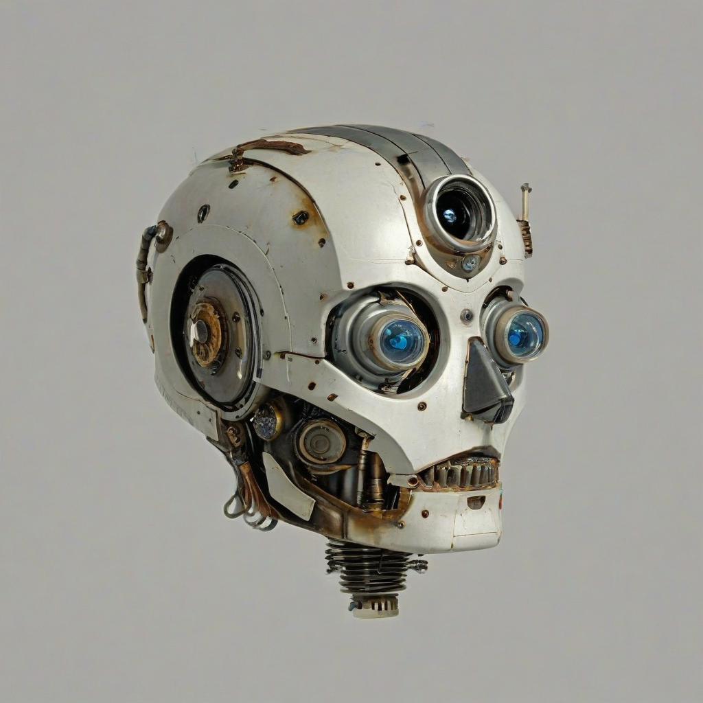 dieselpunk style, robot head, on a plain white background, even lighting