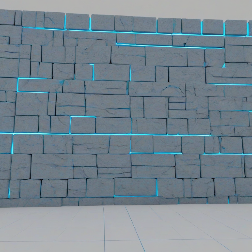 A full-body view of a vibrant, animation style blue stone wall with neon blue accents, set against a plain white background, with a wide-angle shot, in the style of animation with bold lines and bright colors, on a plain white background, even lighting 