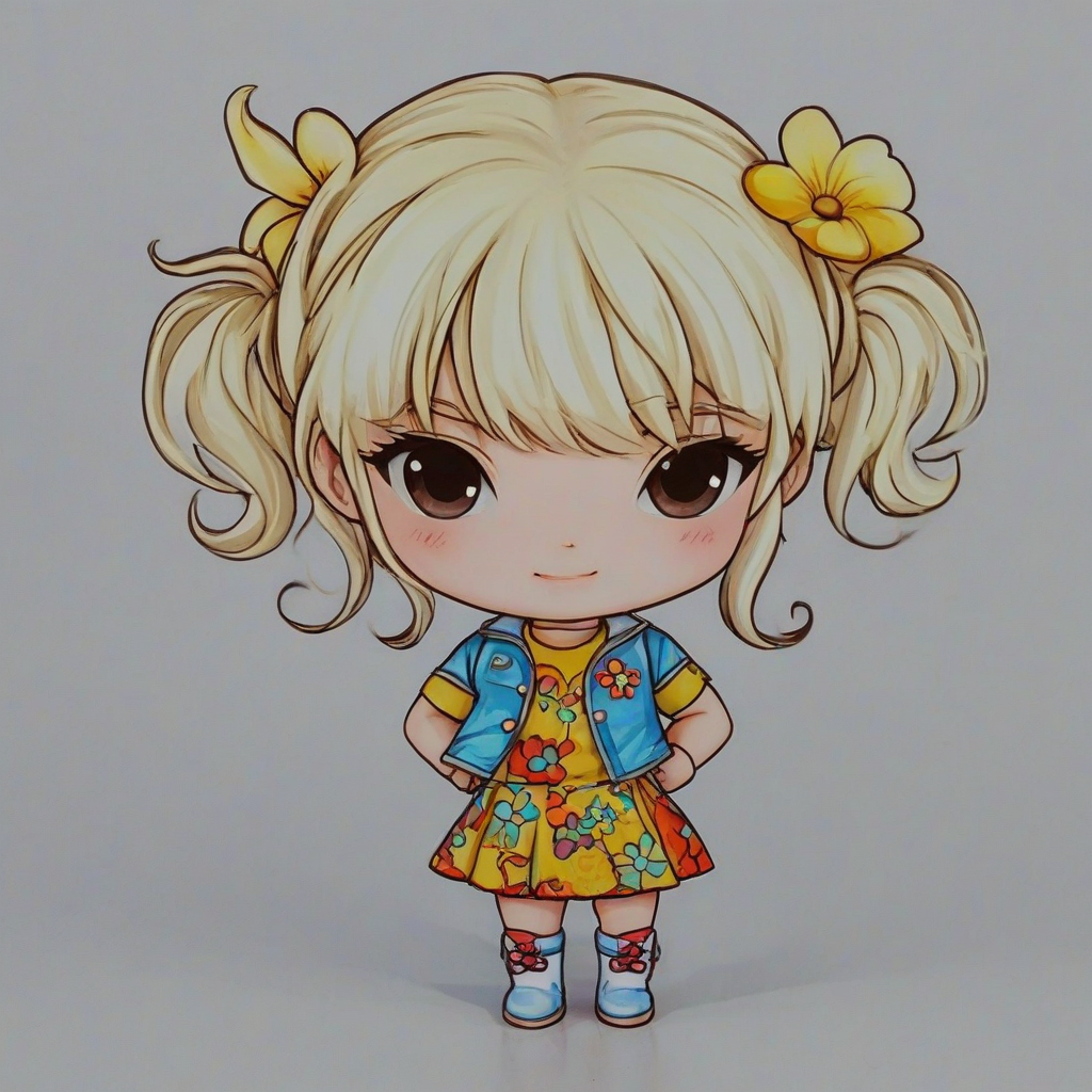 chibi style flower power girl, on a plain white background, even lighting