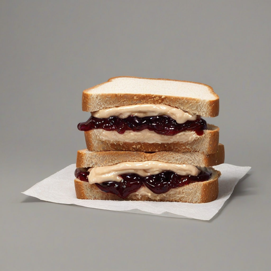 A full-body view of a peanut butter and jelly sandwich, made with creamy peanut butter and grape jelly, on two slices of soft white sandwich bread, placed on a plain white background, with the sandwich as the main focus, in a wide shot, with natural lighting and a slight shadow to enhance the texture of the bread and the filling, in a digital art style with vibrant colors, on a plain white background, even lighting 