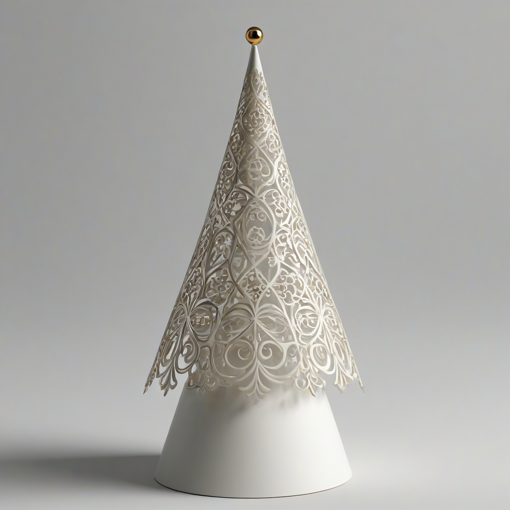 modern Christmas tree that is one smooth cone shape, with filigree, on a plain white background, even lighting