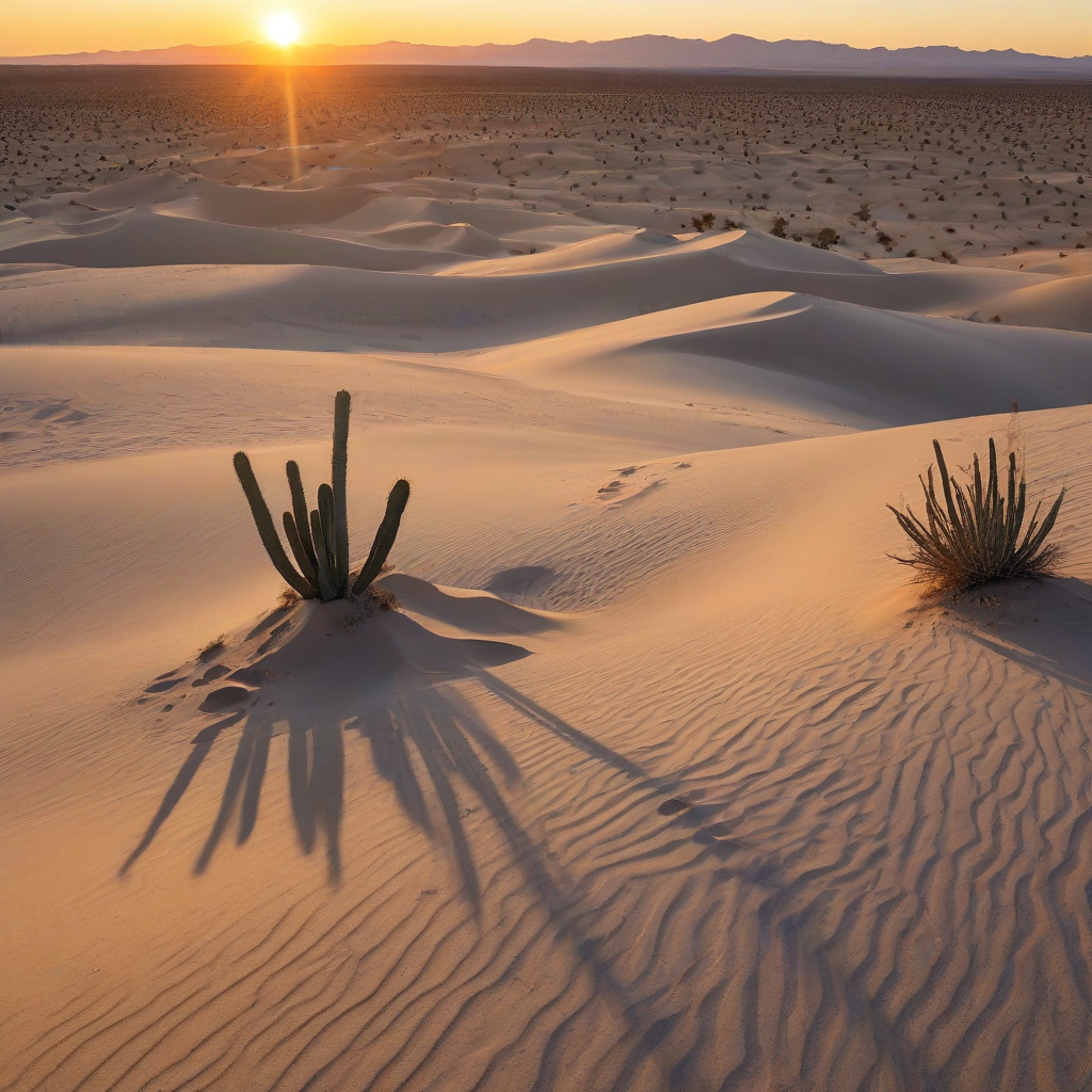 A serene desert landscape at sunset with sand dunes stretching across the horizon, a few cacti scattered in the distance, warm golden light casting long shadows, in a wide shot with the entire desert visible, in the style of a digital painting