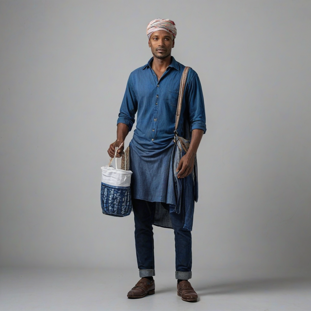 Indigo street vendor, hyperrealism, full-body view, plain white background, detailed textures